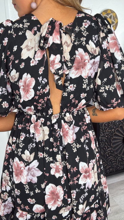 Della Dainty Floral Bubble Sleeve Mini Dress, Fall Black Multi