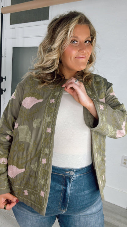 Flourish Floral Printed Jacket, Olive/Blush