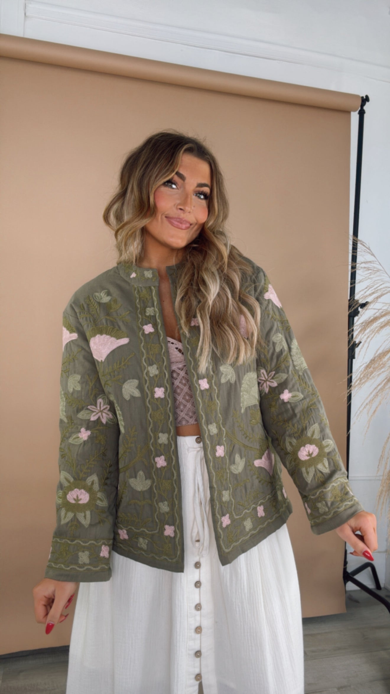 Flourish Floral Printed Jacket, Olive/Blush