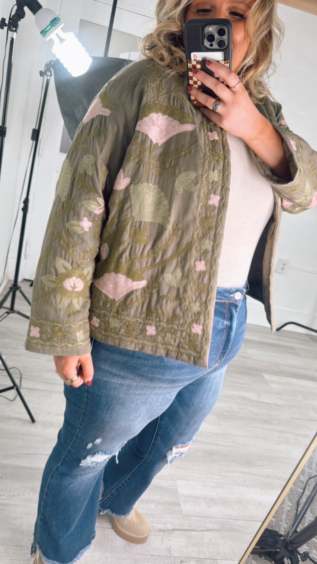 Flourish Floral Printed Jacket, Olive/Blush