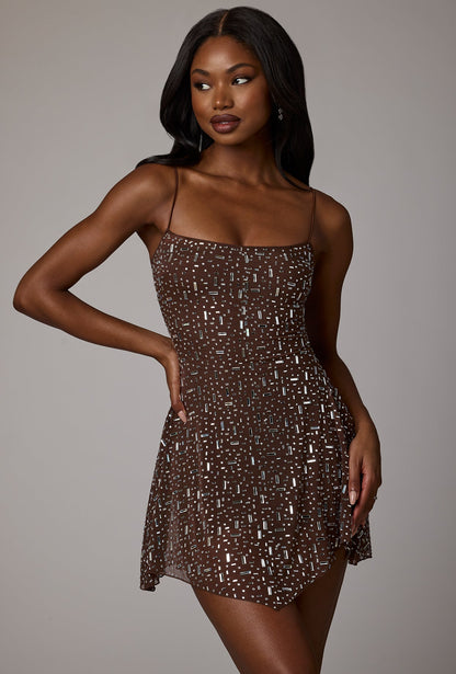 Sheer Embellished Scoop Neck Mini Dress in Deep Cocoa