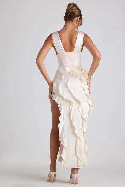 Ruffle-Trim Corset Maxi Dress in Ivory