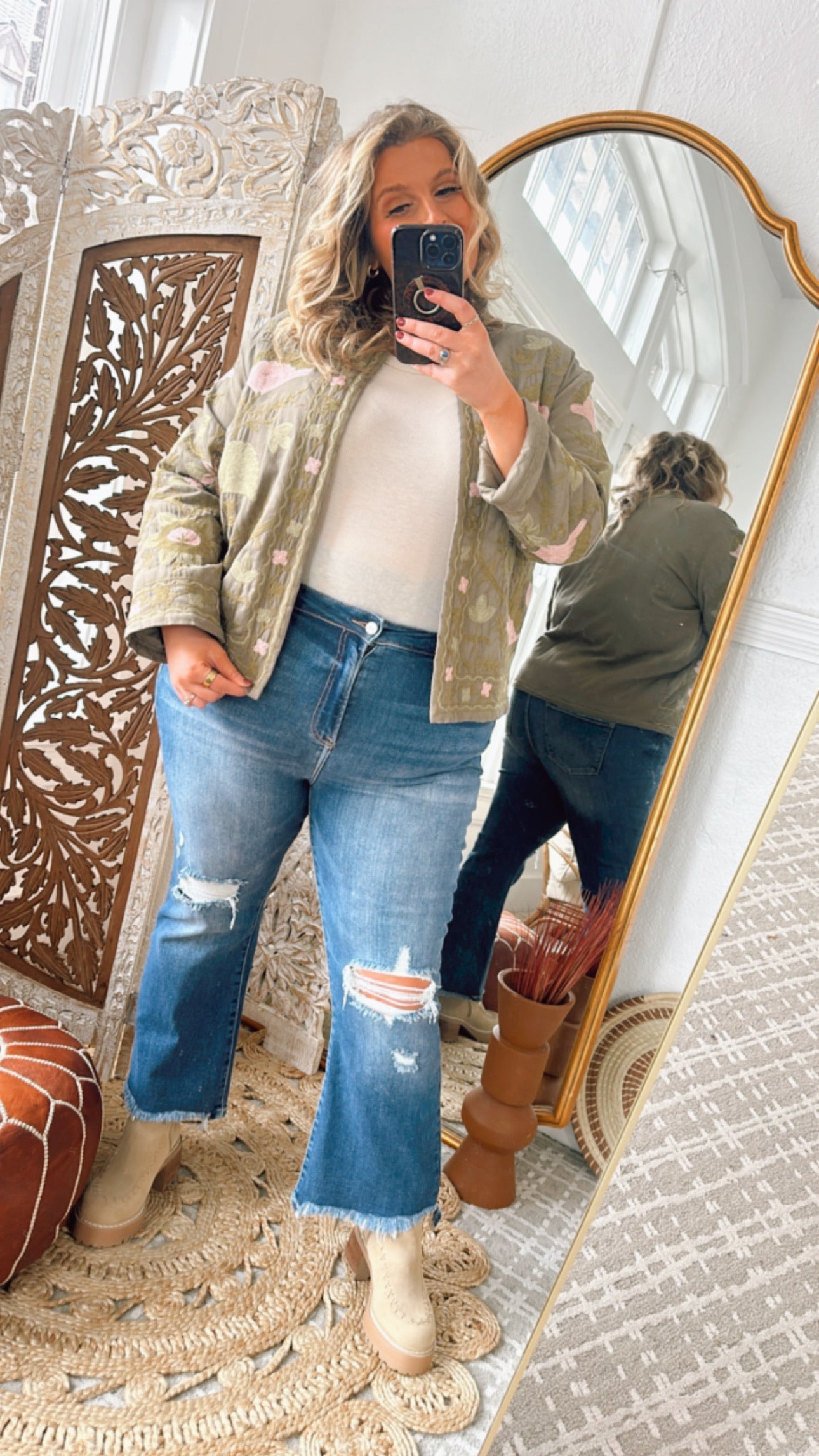 Flourish Floral Printed Jacket, Olive/Blush