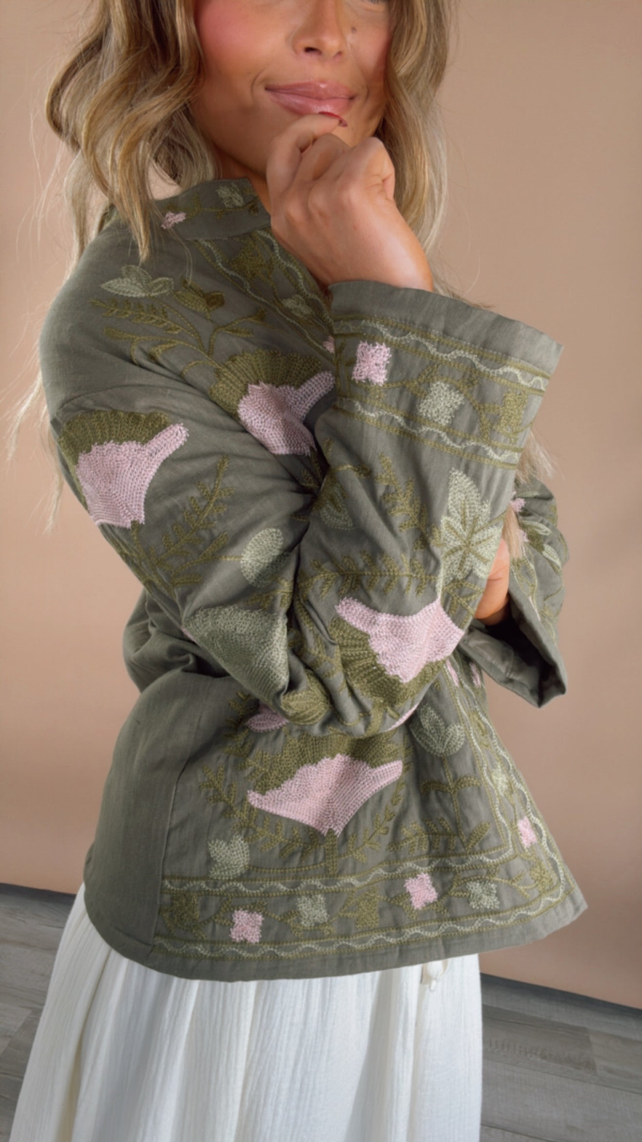 Flourish Floral Printed Jacket, Olive/Blush