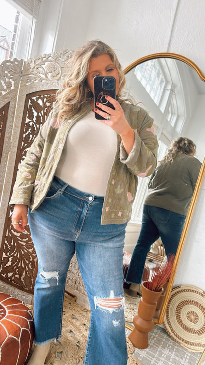 Flourish Floral Printed Jacket, Olive/Blush