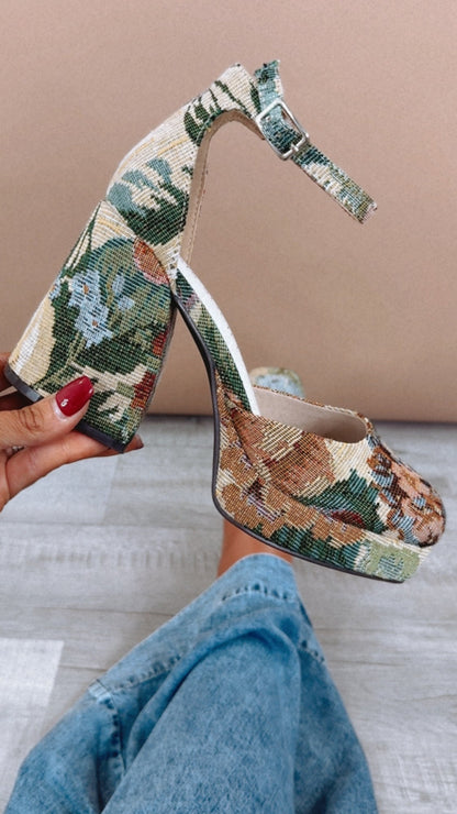 Delilah Tapestry Floral Chunky Platform Mary Jane Heel