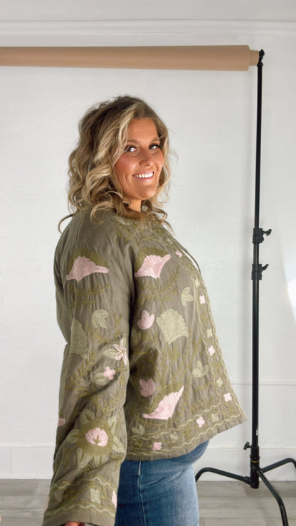 Flourish Floral Printed Jacket, Olive/Blush