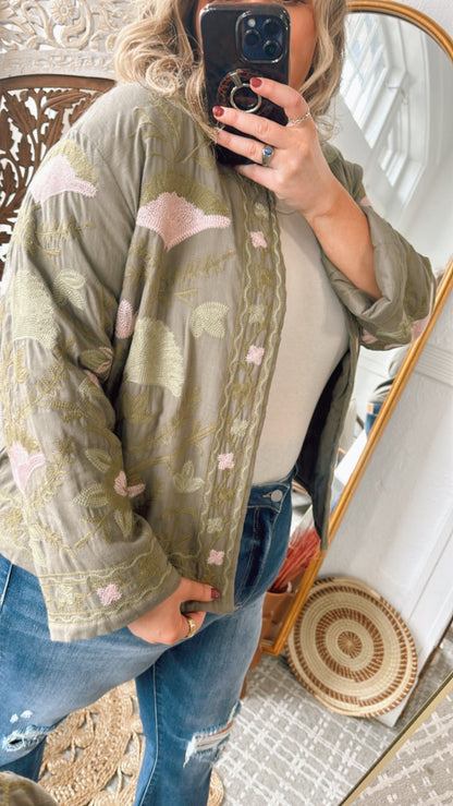 Flourish Floral Printed Jacket, Olive/Blush