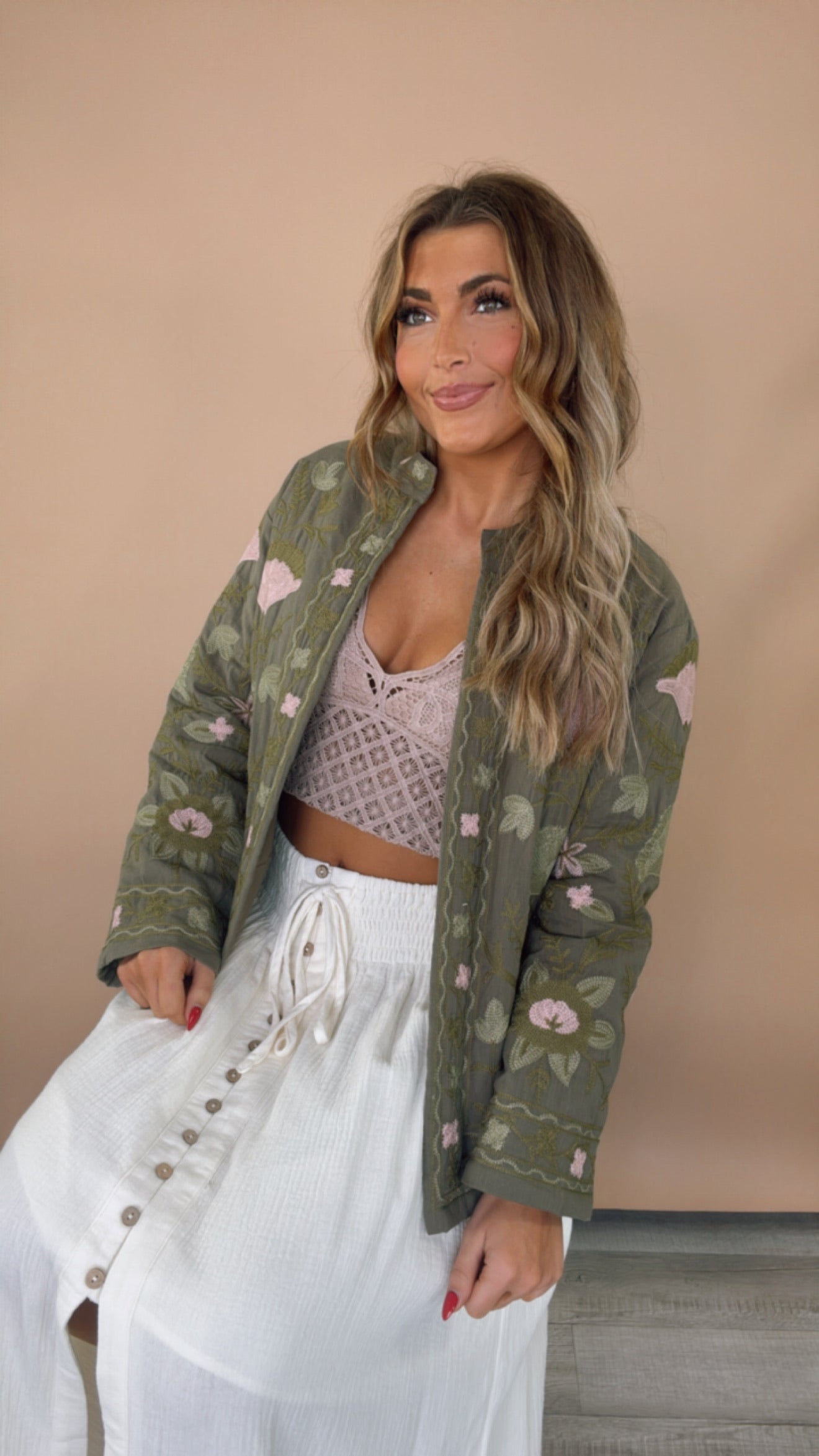 Flourish Floral Printed Jacket, Olive/Blush