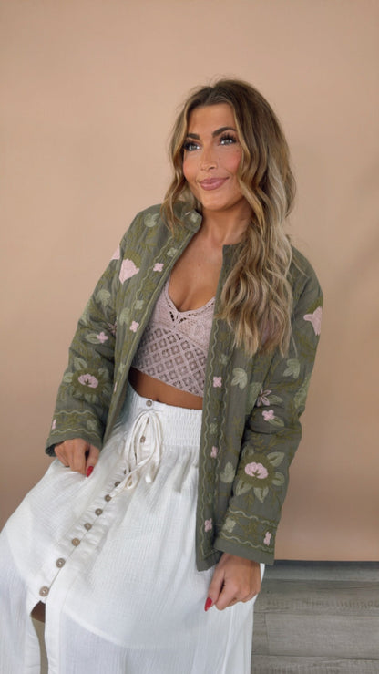 Flourish Floral Printed Jacket, Olive/Blush