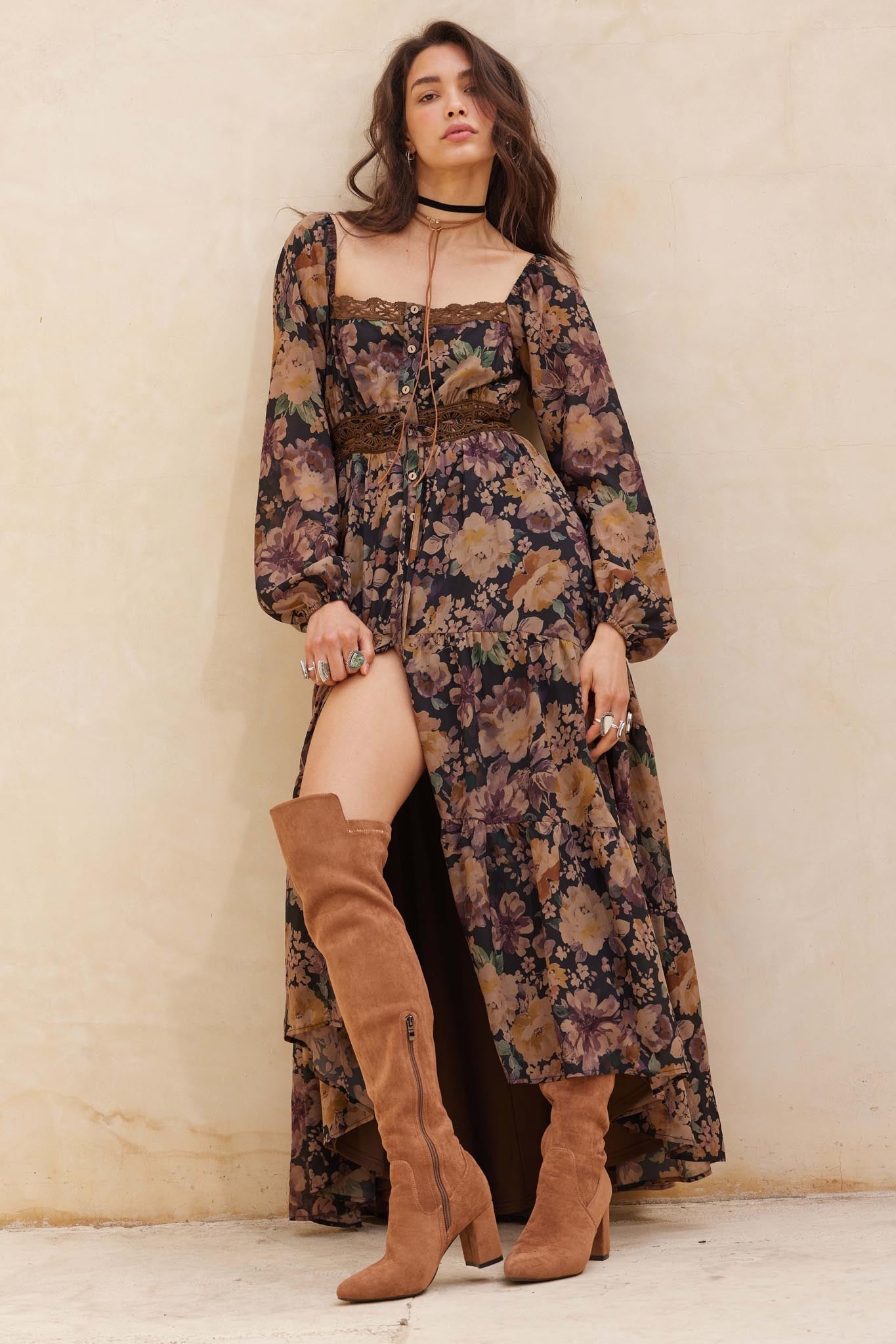 Misty Meadow Floral Button-Up Maxi Prairie Dress
