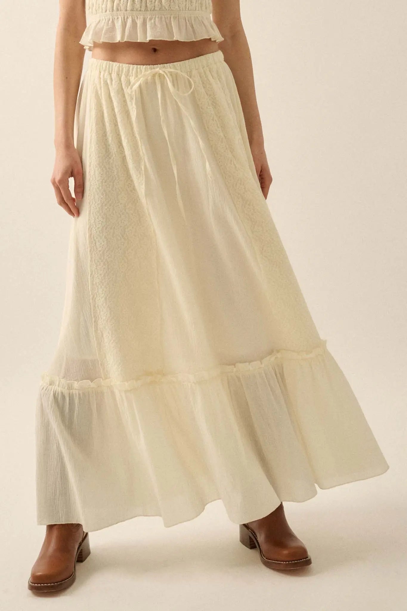 Graceful Beauty Lace and Cotton Ruffle Maxi Skirt