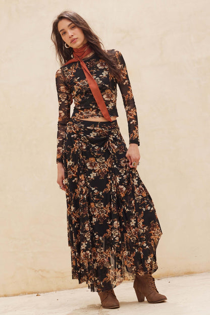 Forgotten Garden Floral Mesh Ruched Maxi Skirt