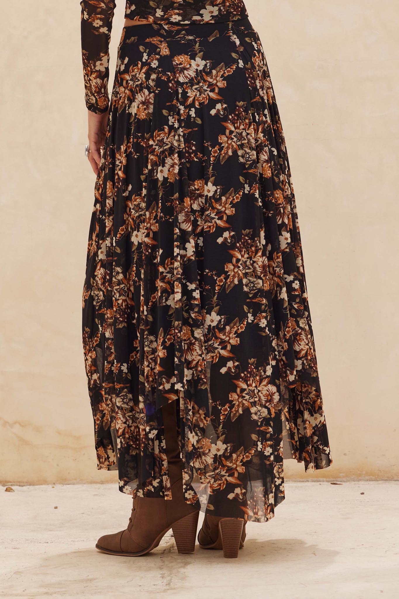 Forgotten Garden Floral Mesh Ruched Maxi Skirt
