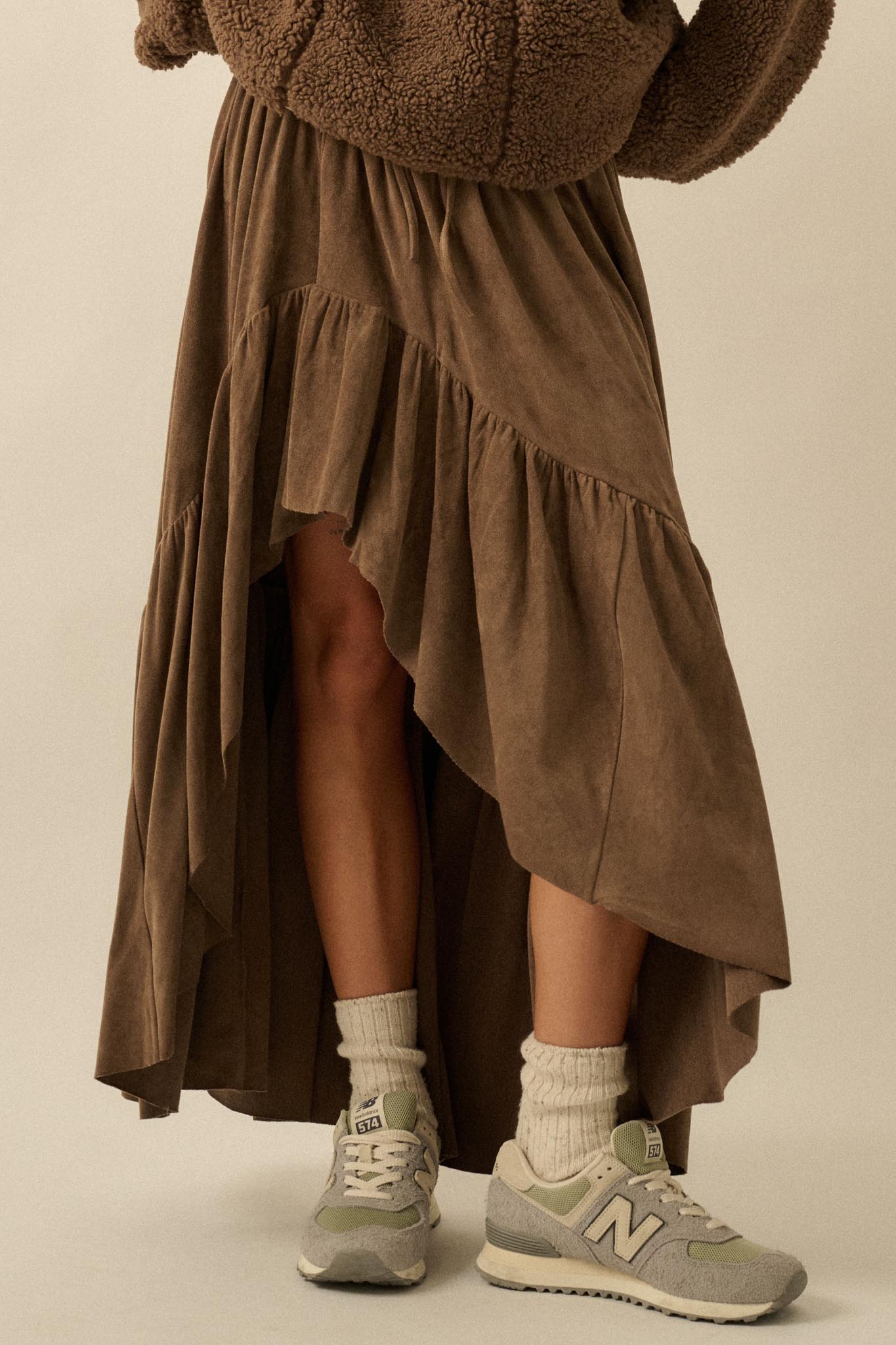 Oh So Soft Vegan Suede High-Low Ruffle Maxi Skirt