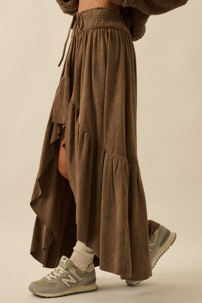 Oh So Soft Vegan Suede High-Low Ruffle Maxi Skirt