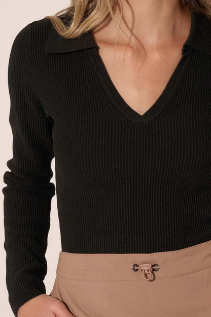 Shaper Fit Collared Long-Sleeve Rib-Knit Top