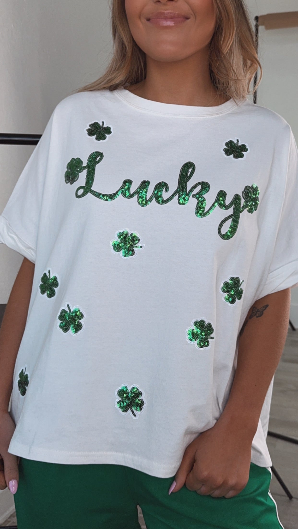 Lucky Sequin Patch Top, White