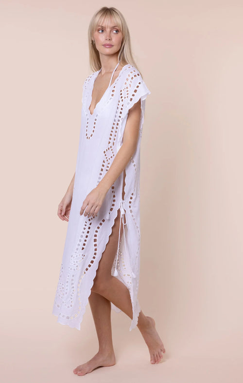 Juliet Dunn Narrow Poncho with Oversized Cutwork - white