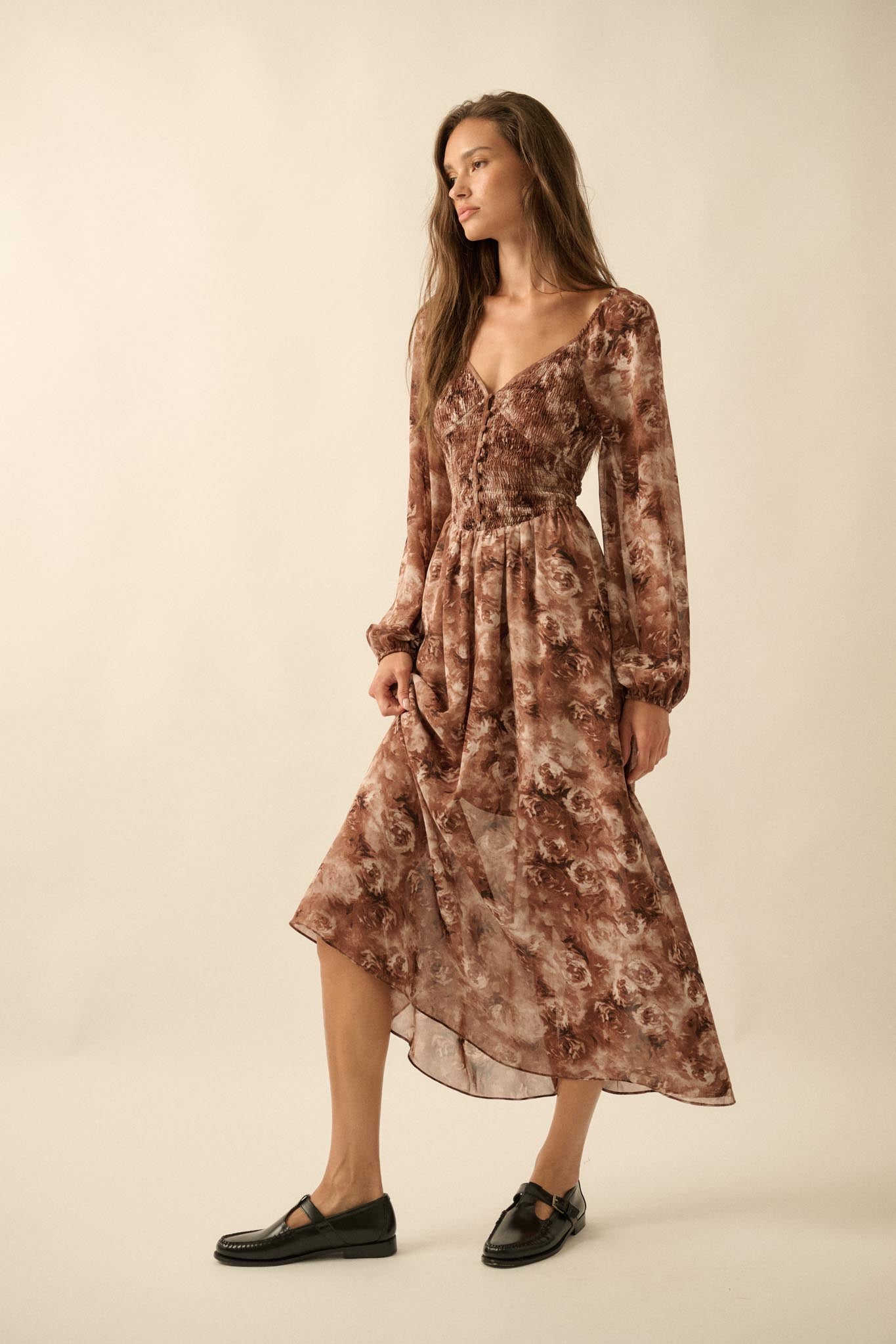 Chestnut Roses Smocked Floral Midi Peasant Dress