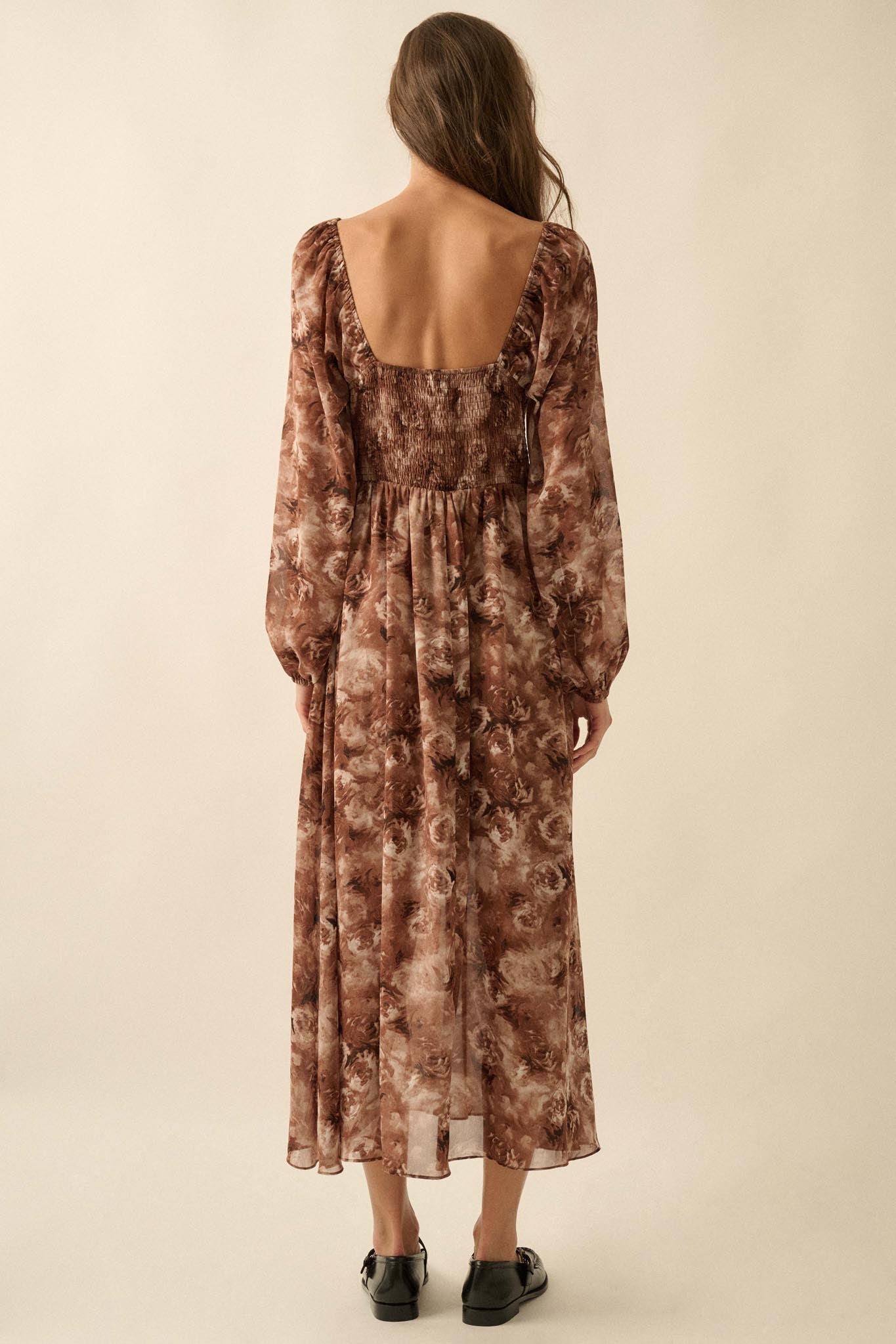 Chestnut Roses Smocked Floral Midi Peasant Dress