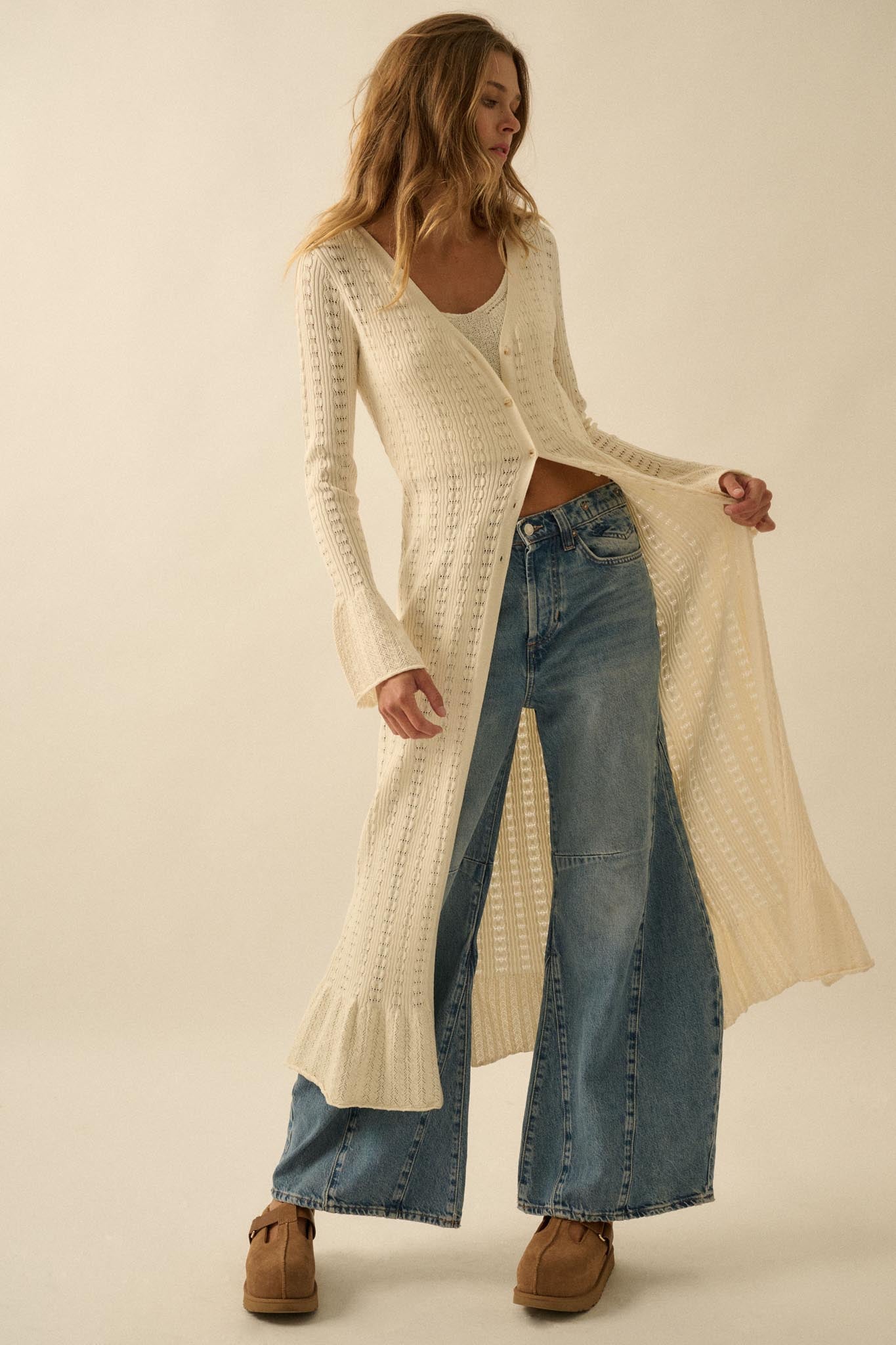 Away We Go Pointelle Rib-Knit Duster Cardigan