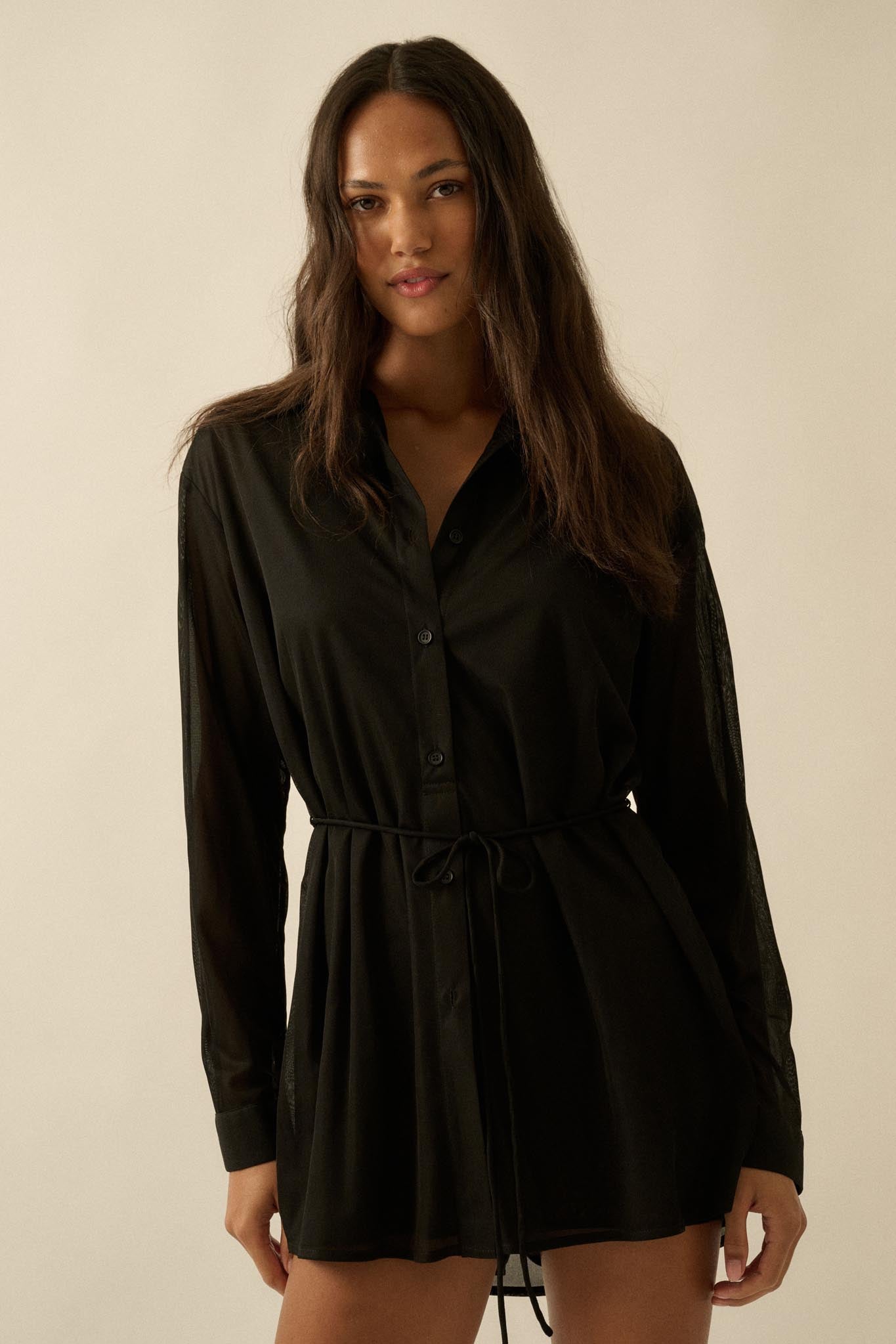 After Hours Ribbed Mesh Belted Shirt Romper