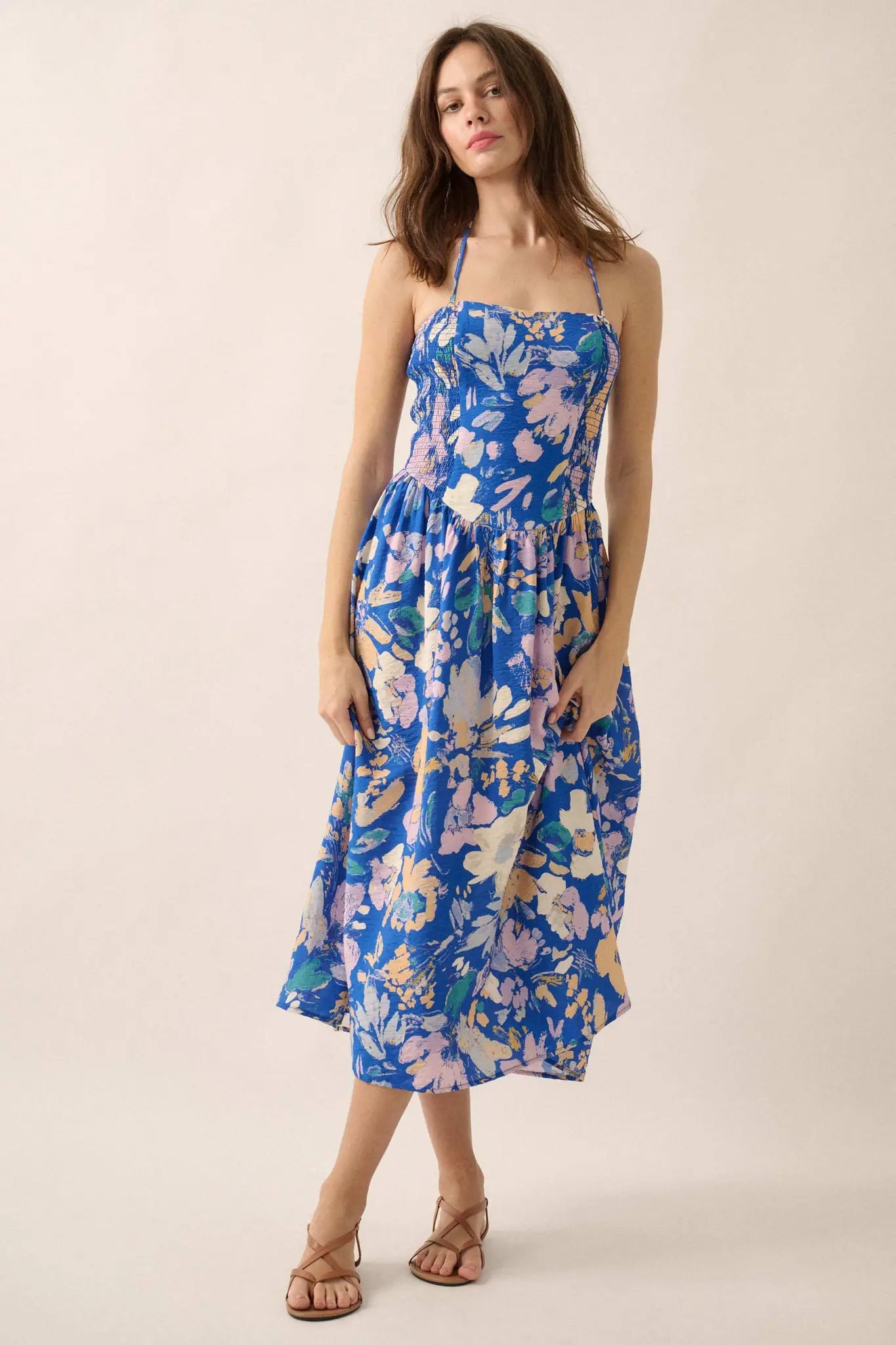 Dawn Dreams Smocked Floral Halter Midi Dress