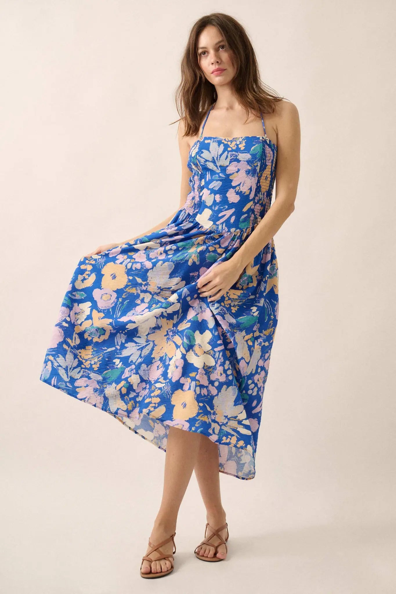 Dawn Dreams Smocked Floral Halter Midi Dress