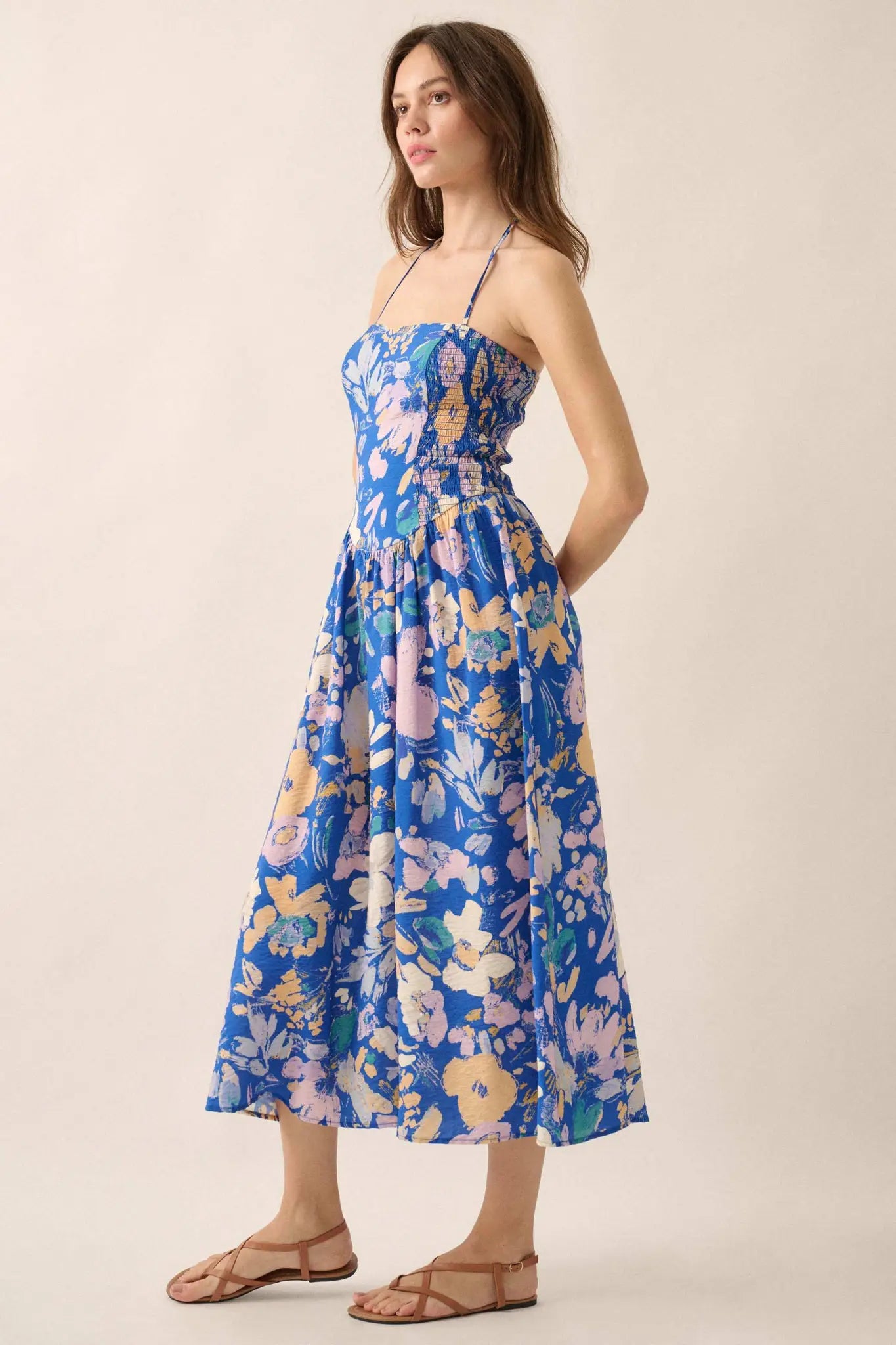 Dawn Dreams Smocked Floral Halter Midi Dress