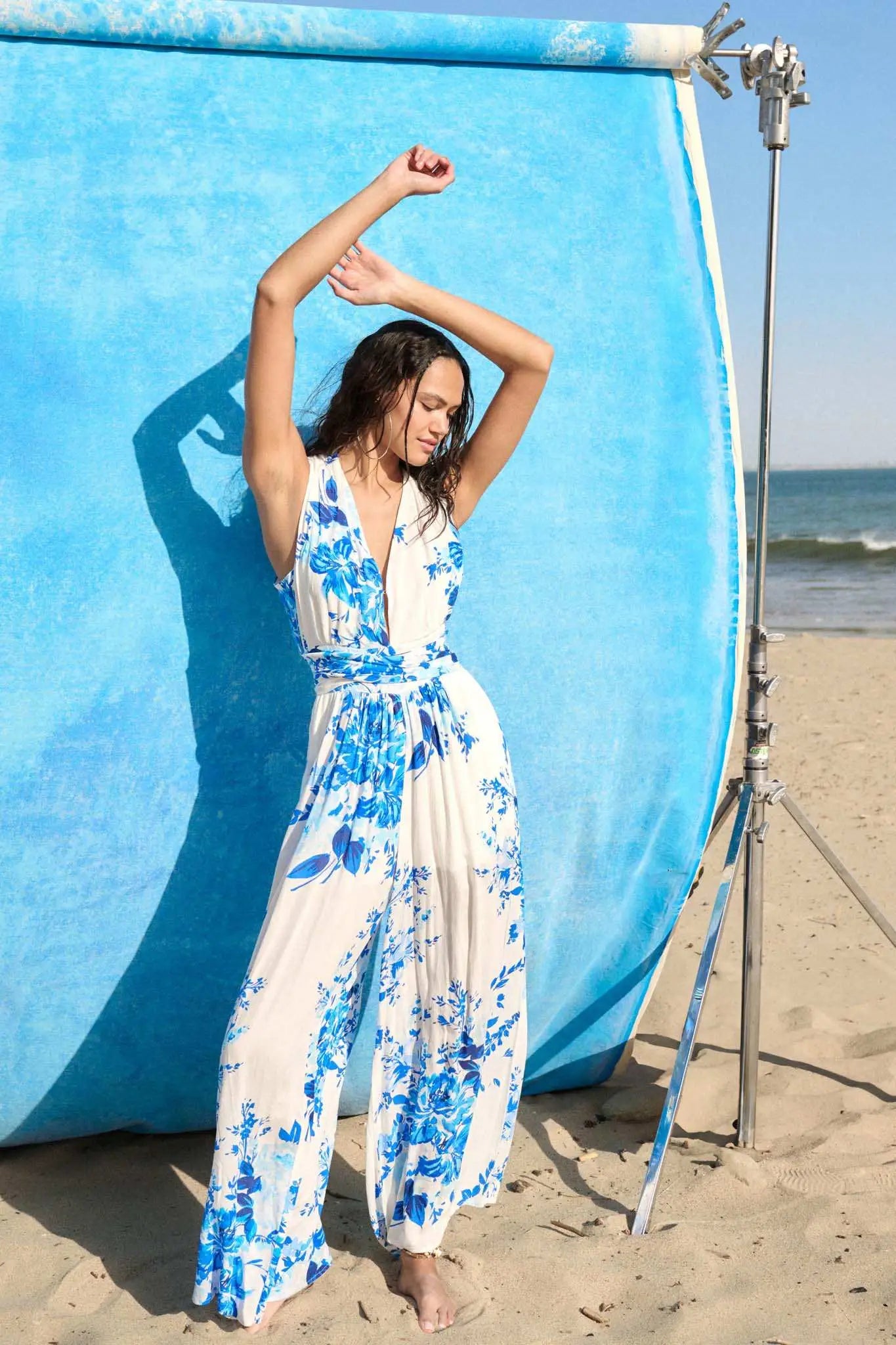 Lapis Lilies Floral Plunge-Front Wide-Leg Jumpsuit