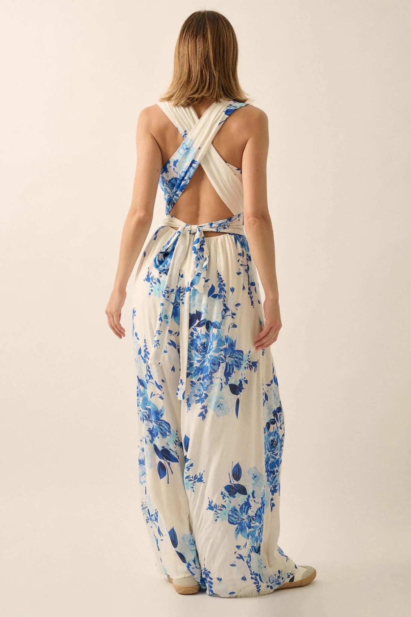 Lapis Lilies Floral Plunge-Front Wide-Leg Jumpsuit
