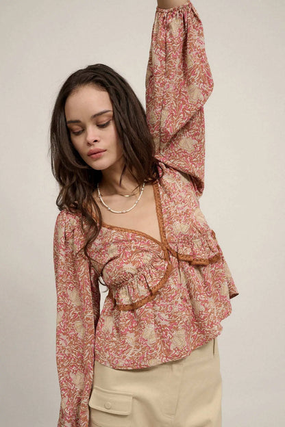 Ornate Blooms Lace-Trimmed Floral Peasant Top