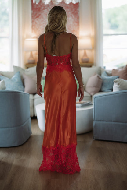 A Satin Sunset Maxi Dress - Orange and Coral Pink