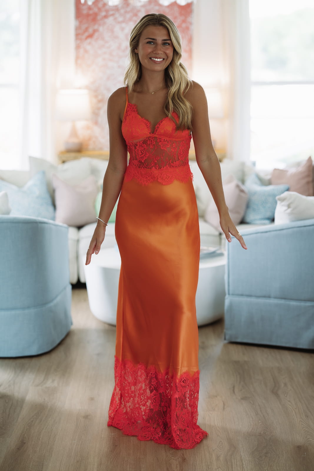 A Satin Sunset Maxi Dress - Orange and Coral Pink