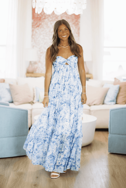 Live Out Loud Floral Maxi Dress - Blue and White