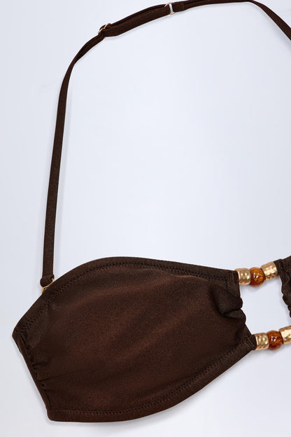 Bead-Embellished Bandeau Bikini Top in Dark Chocolate