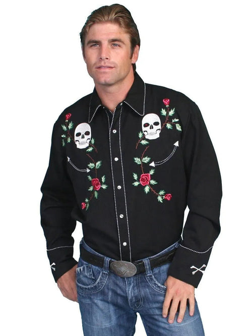 Scully Skull and Rose Embroidery - Mens Western Shirt - Hatcountry